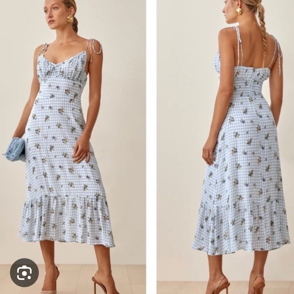 Blue Gingham Floral Midi Dress with Tie Straps